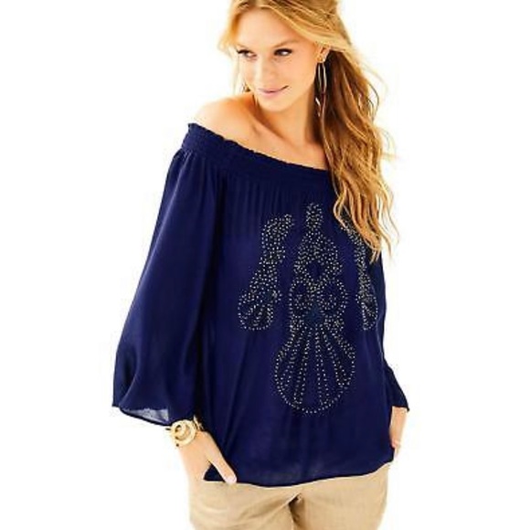 Top Lilly Pulitzer NITA - Blanc Perlé à Broderies - Taille S - Neuf Avec étiquettes - Style épaule Dénudée Resort